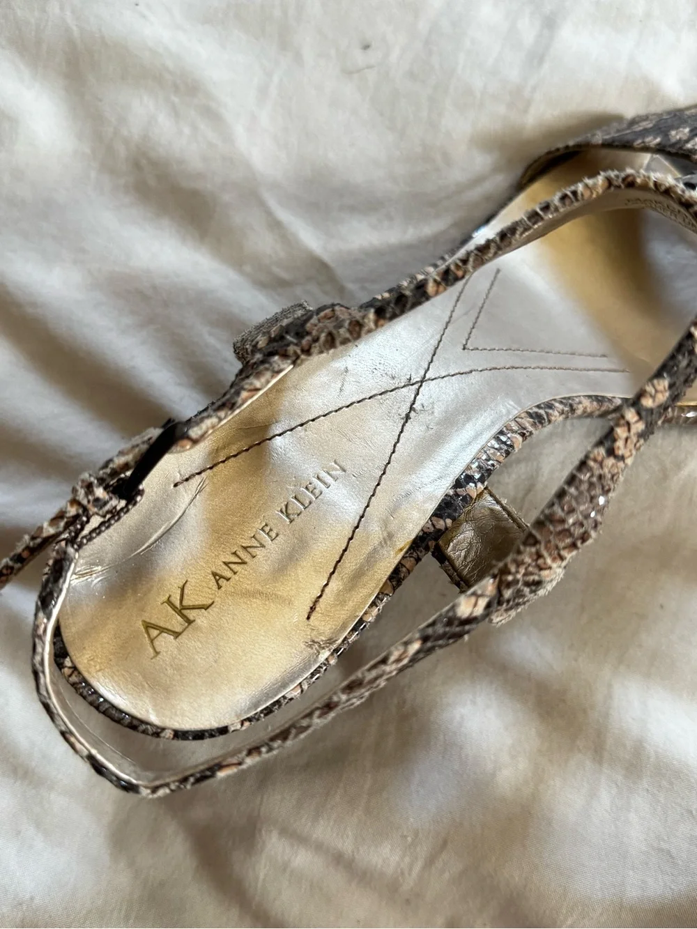 Anne Klein Snake-Print T-Strap Heels with Gem Accents - Brown